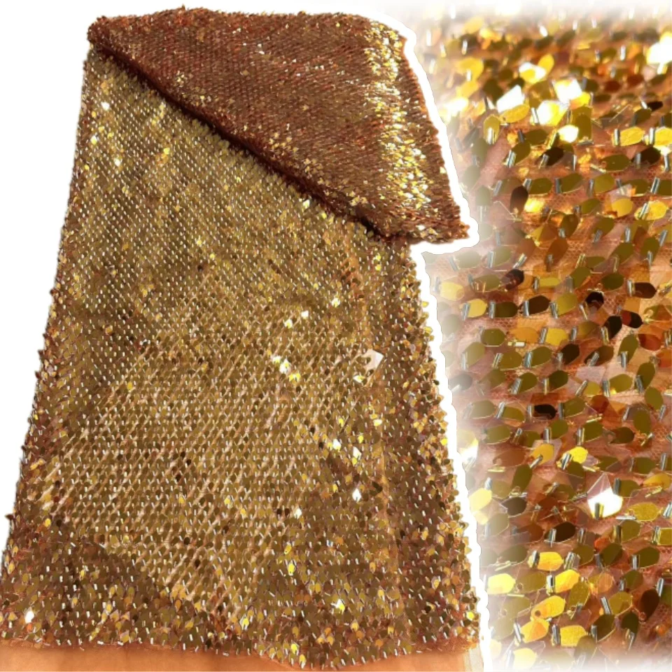 

Luxury Exquisite French Gold Sequin Lace Fabric Africa Nigeria Tulle Lace Fabric for Women Wedding Dress Sewing 5 Yards SZ1417