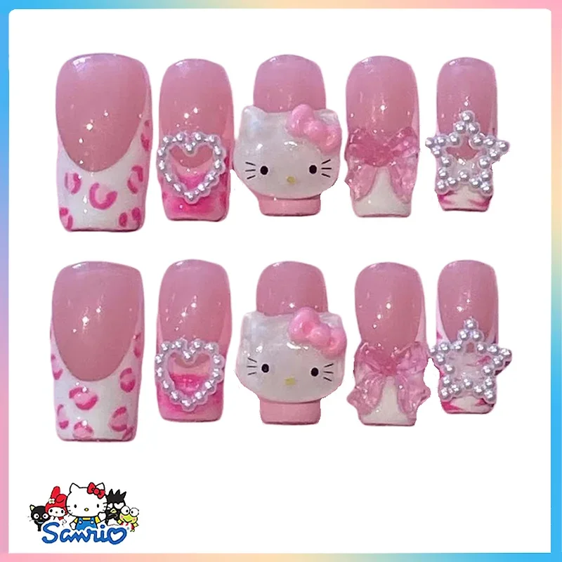 

New Sanrios Hello Kitty False Nail Y2K Wearing Armor My Melody Anime Cartoon Detachable Reusable Cute Manicure Kawaii Girls Gift