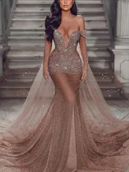 Sexy Mermaid Evening Dresses V Neck Long Sleeves Shiny Sequins 3D Lace Hollow Diamonds Beaded Appliques Prom Dresses Custom Made