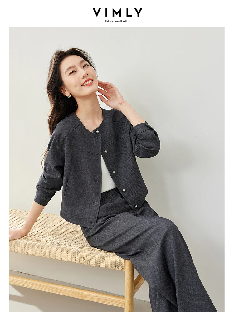 VIMLY Women\'s Two Piece Set Autumn Long Sleeve Cardigan Jacket+Elastic Waist Pants Commuter Style Casual Simple Workwear Suit