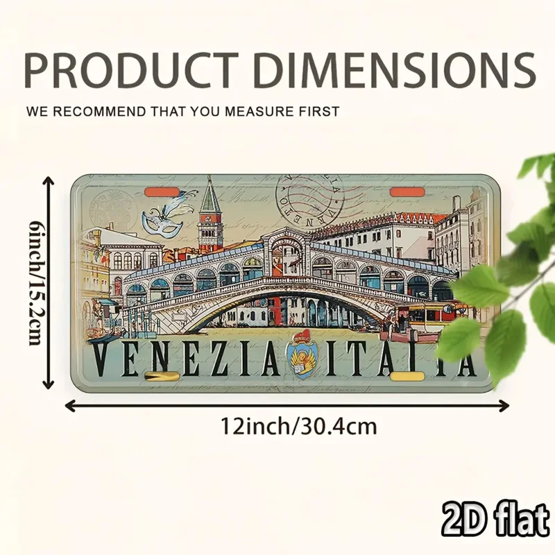 ملصق سفر إيطالي عتيق مسطح ثنائي الأبعاد - لافتة ديكور جدارية معدنية من فينيسيا إيطاليا مع جسر ريالتو وجندول #2