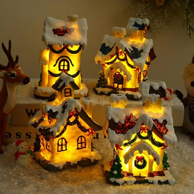 

Christmas LED Snow House Decoration 2025 New Year Night Light Sculpture Home Resin Crafts Xmas Gift for Kids