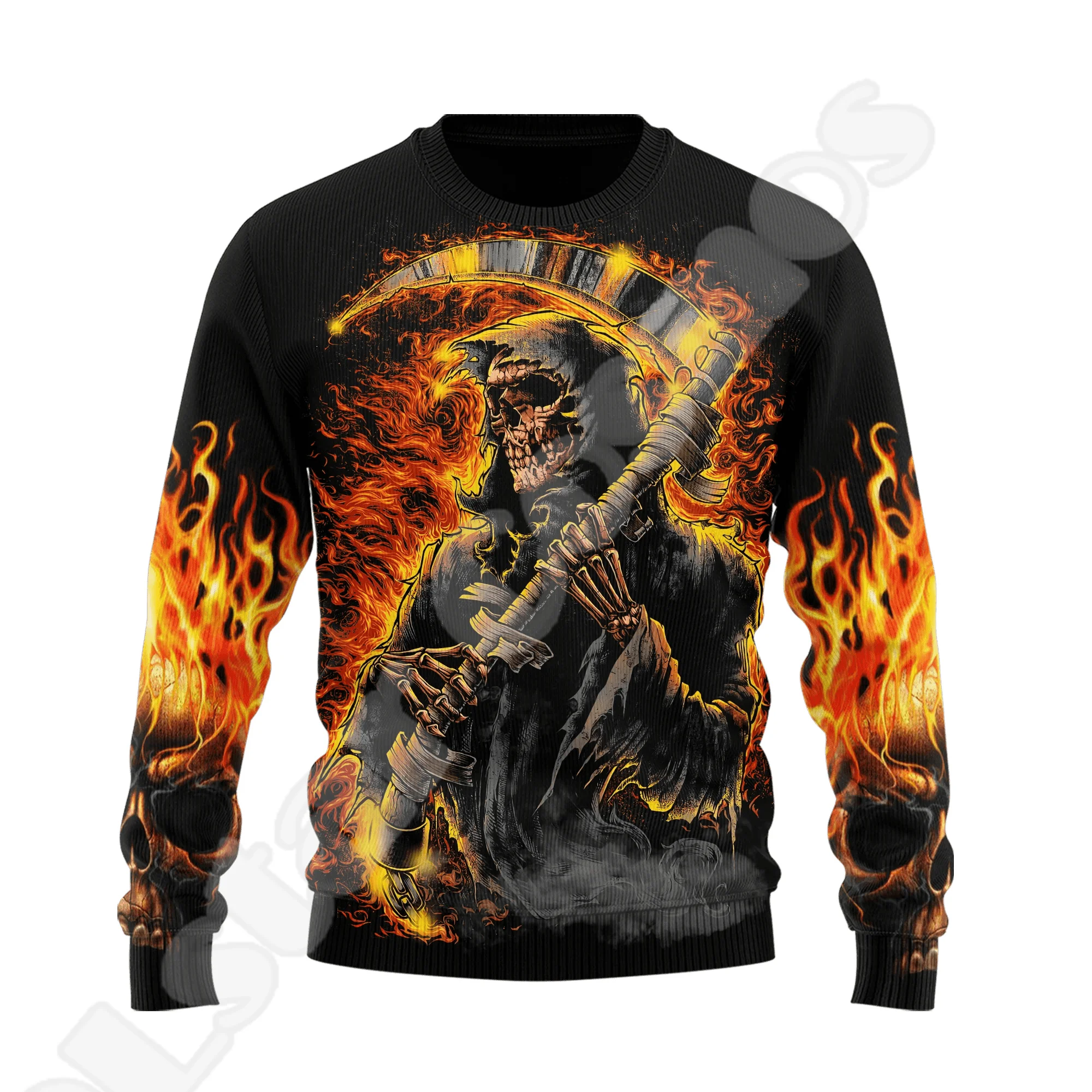 Halloween Xmas Skull Grim Reaper Ghost Zombie Flame Tattoo 3DPrint Funny Christmas Ugly Sweater Harajuku Casual Long Sleeves X1