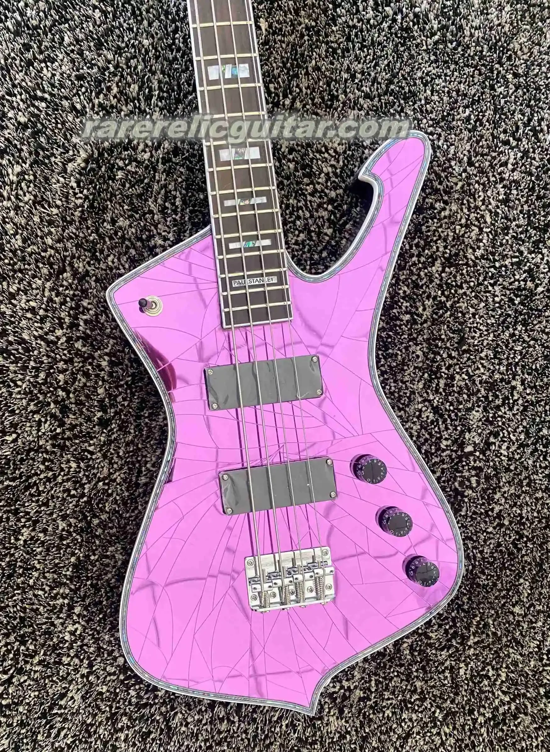 Rare 4 Strings Iceman Paul Stanley Purple Cracked Mirror Electric Bass Guitar Pearl Abalone Block Inlay Chrome Hardware