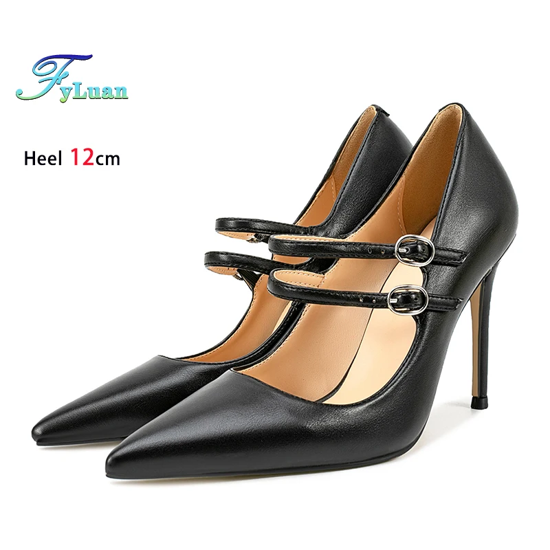 

Женские туфли на шпильке с двойной пряжкой 12 см, черные туфли Мэри Джейн из мягкой кожи с острым носком, большие размеры 47, женские туфли-лодочки на высоком каблуке
