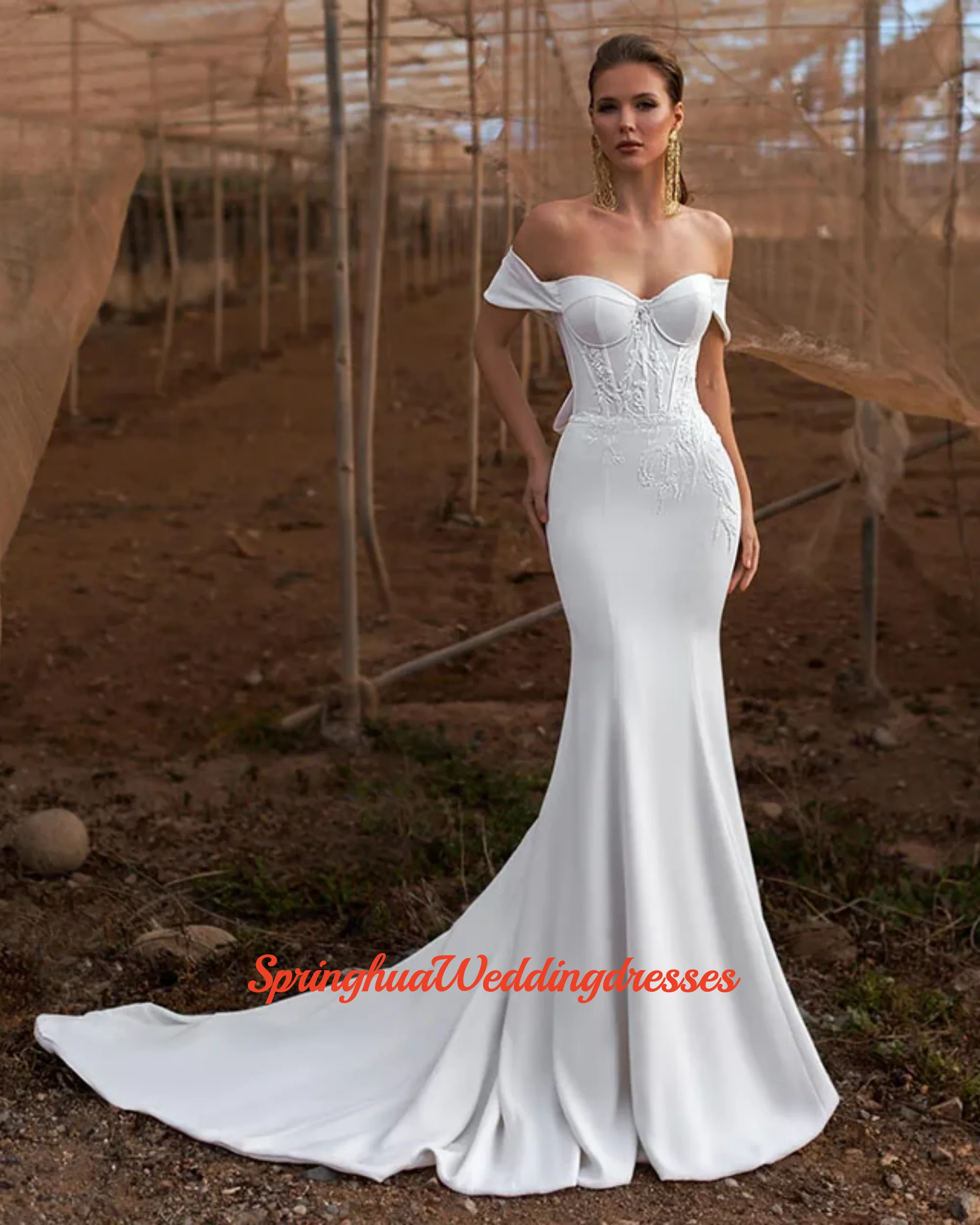 Customzied Elegant Mermaid Sweetheart Wedding Dresses Women Lace Applique Off The Shoulder Crepe Bridal Gown Vestidos De Novia
