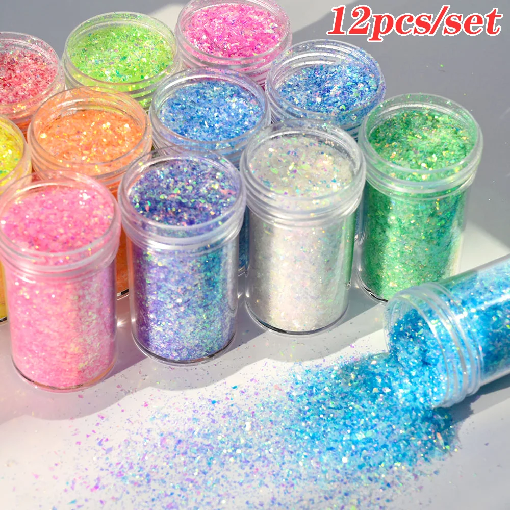 

12pcs/set Shimmering Glitter Nail Sequins Ultra-Thin Iridescent Flakes Dazzling Irregular Sparkle Glitter Unicorn Chips 20ml/jar