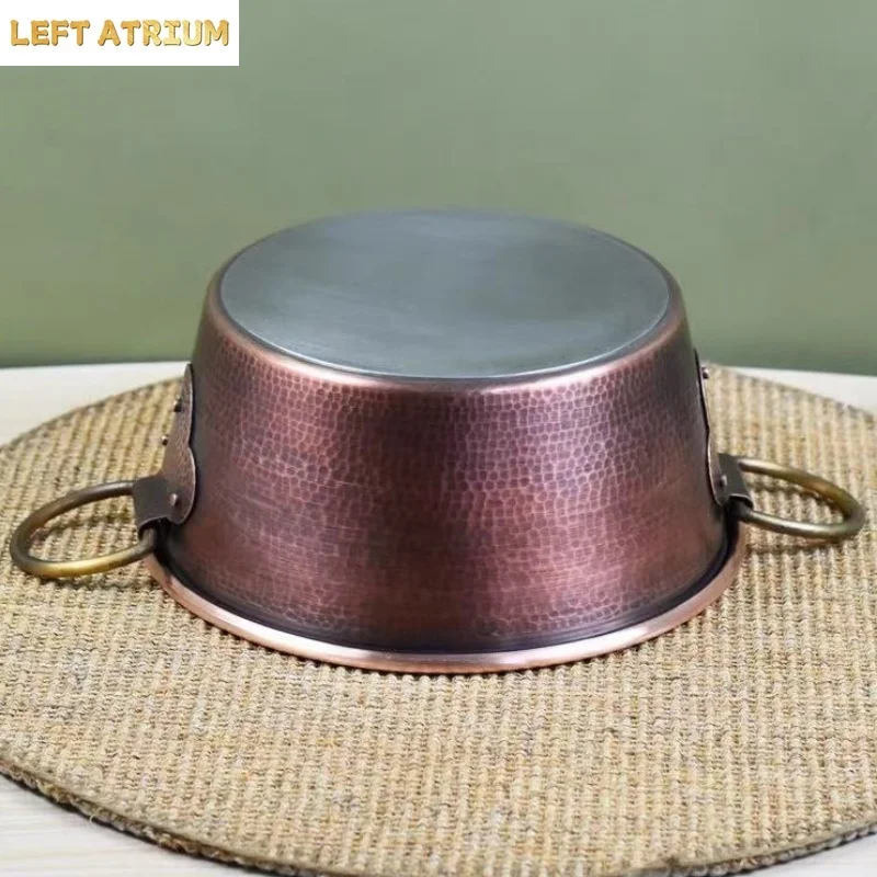 Vintage Copper Pot,Thickened Hot Pot Cooking Utensil Simmering and Pasta Stewing,Handcrafted Hammer Texture 26 cm Handheld Pot view 3