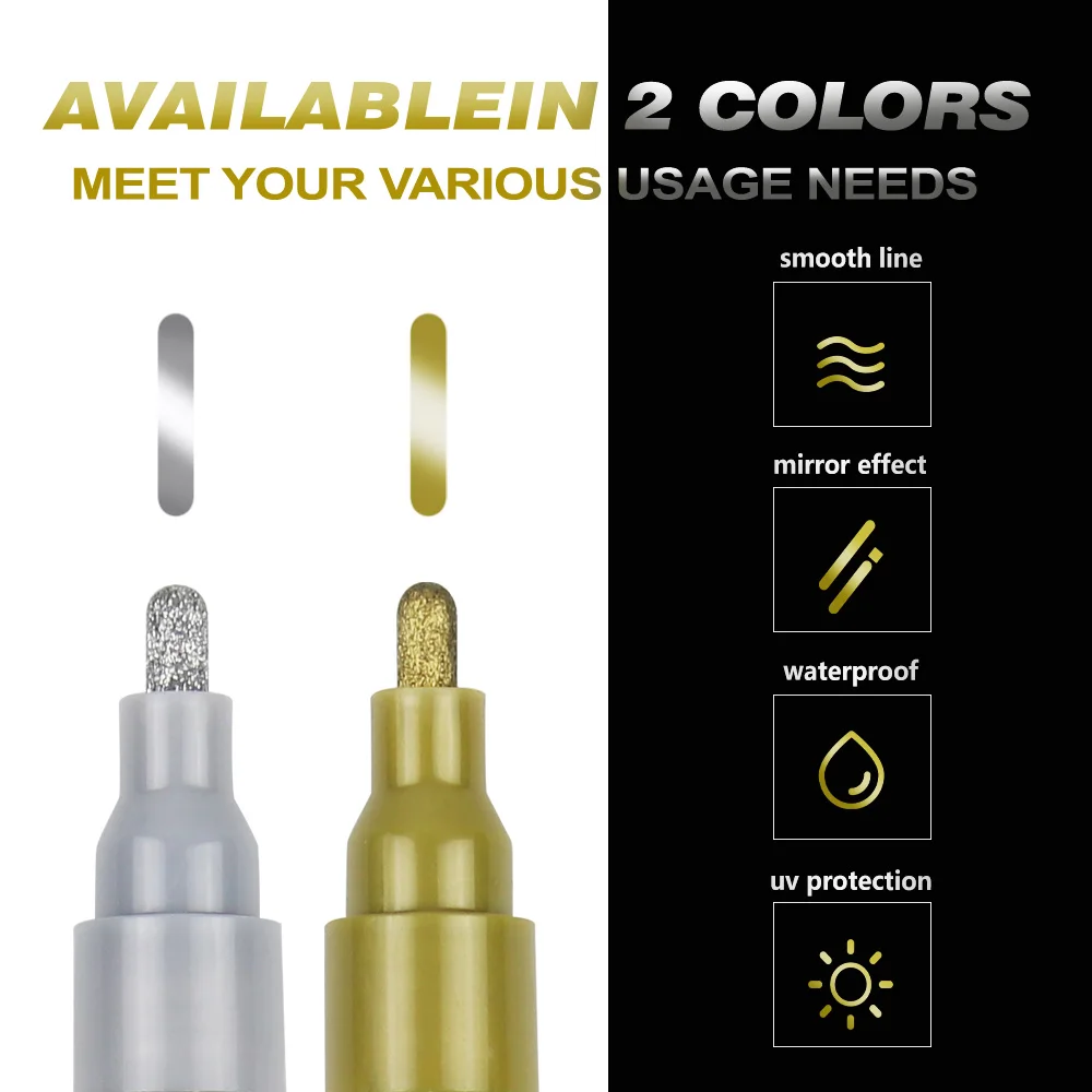 Caneta marcador de espelho cromado, tira dourada, reflexiva, permanente, cromo, para modelo, metal, madeira, pedra