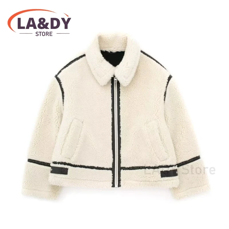 2024 New Winter Fashion Short Fleece Jacket Coat Female Loose Splice Long Sleeves Pocket Zipper Warm Outerwear