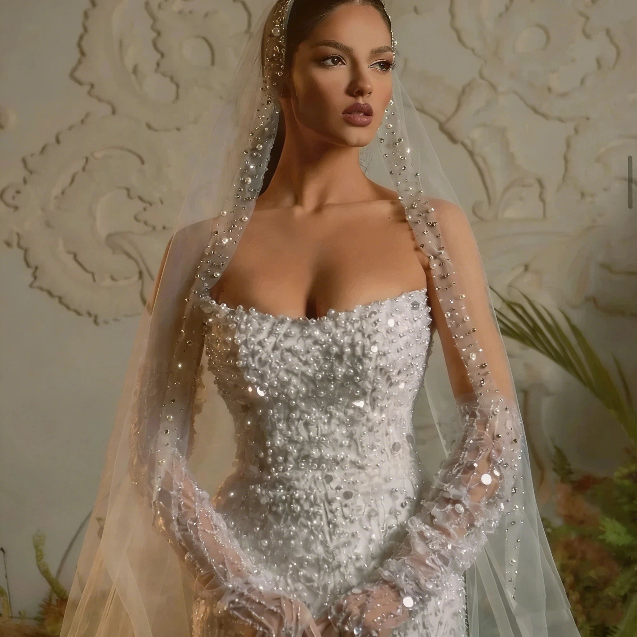 Luxurious Mermaid Lace Pearl Women's Wedding Dress New Sexy Off Shoulder Strap Detachable Sleeves Ball Bridal Dress Customized