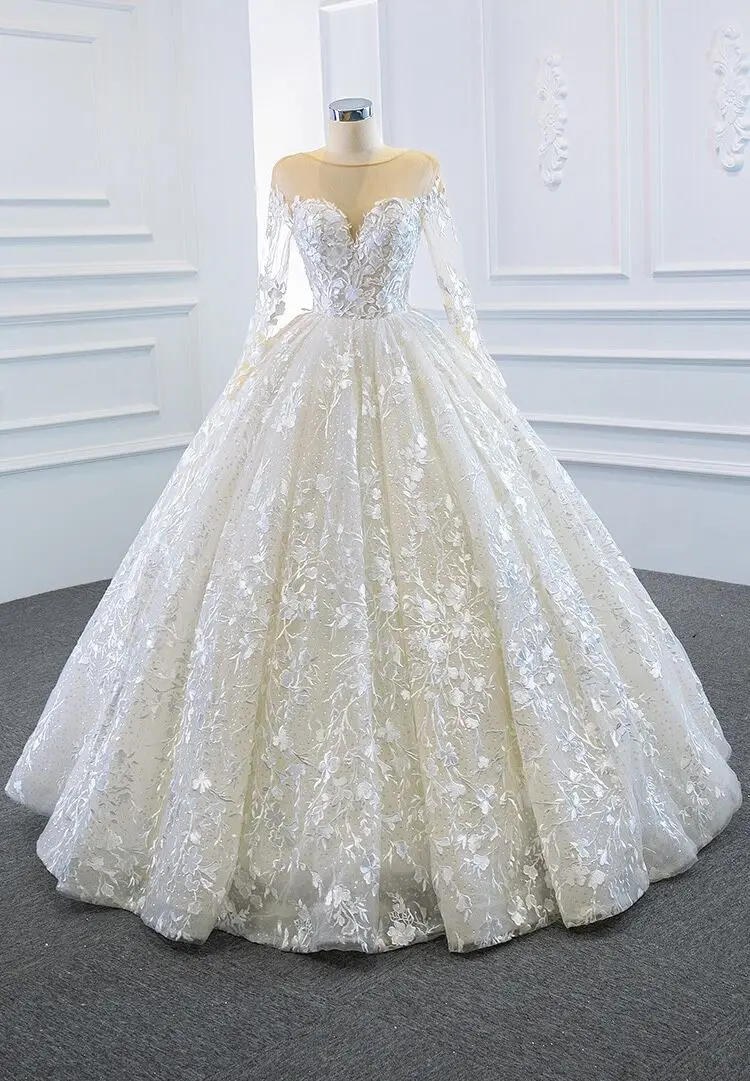 Ayicuthia wunderschöne Applikationen Kapelle Spitze Ballkleid Brautkleid sexy U-Ausschnitt Langarm Perlen Prinzessin Brautkleid