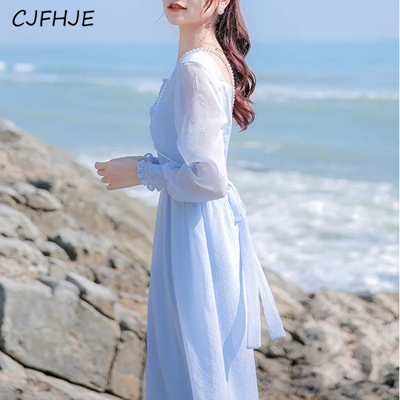 Cjfhje blau langes Kleid Frauen elegante Vintage Abend party Chiffon Kleider Frühling koreanische Mode schlanke Schnürung Langarm Kleid