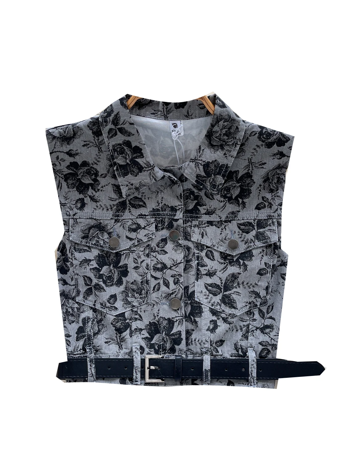 

Retro Hong Kong Sle Faion Print ort Top Women's Summer Small Size Trendy with Belt Waist in And Svel Denim Vest
