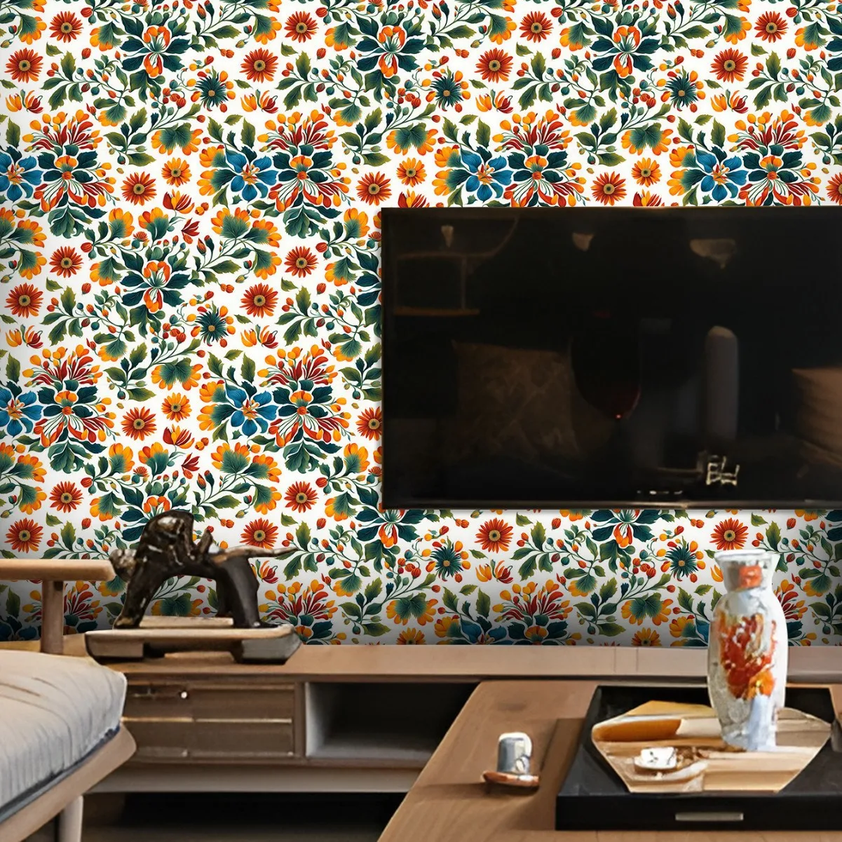 Peel and Stick Wallpaper Boho Orange Floral Contact Paper Removable Self-Adhesive Stick on Wall Paper for Hotel Bedroom Cabinet