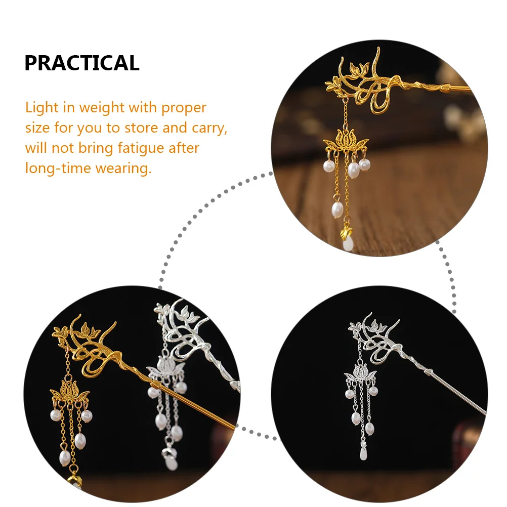 

2pcs Pearl Lotus Hairpin Hanfu Accessories Pearls Tassel Chinese Women Hair Sticks for Buns Long Hair Dangle Pins Retro Charm
