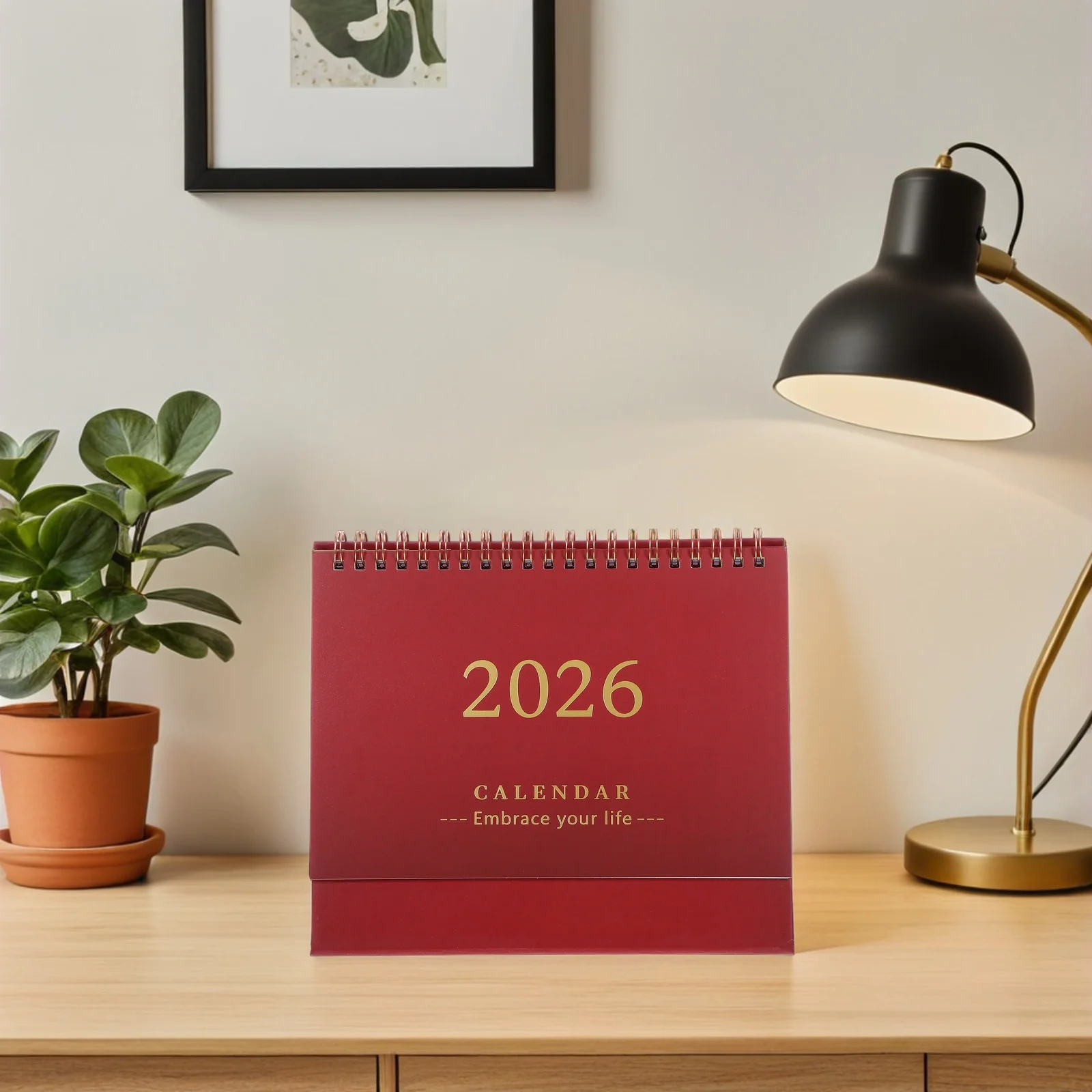 2026 تقويم قائم مخطط مكتب مدمج ورق سميك سهل القراءة أحمر داكن للمعلمين المخططين تقويم مكتبي صغير لطيف