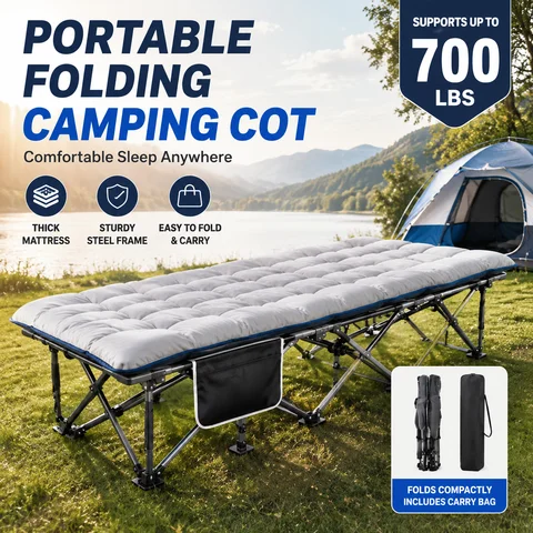 Portable Foldable Camping Cot with Thick Padded Mattress Comfortable Sleeping Bed with Sturdy Frame Compact Folding Guest Bed for Adults Easy Storage and Carrying for Outdoor Camping Travel Office Nap Patio Bedroom and Home Use