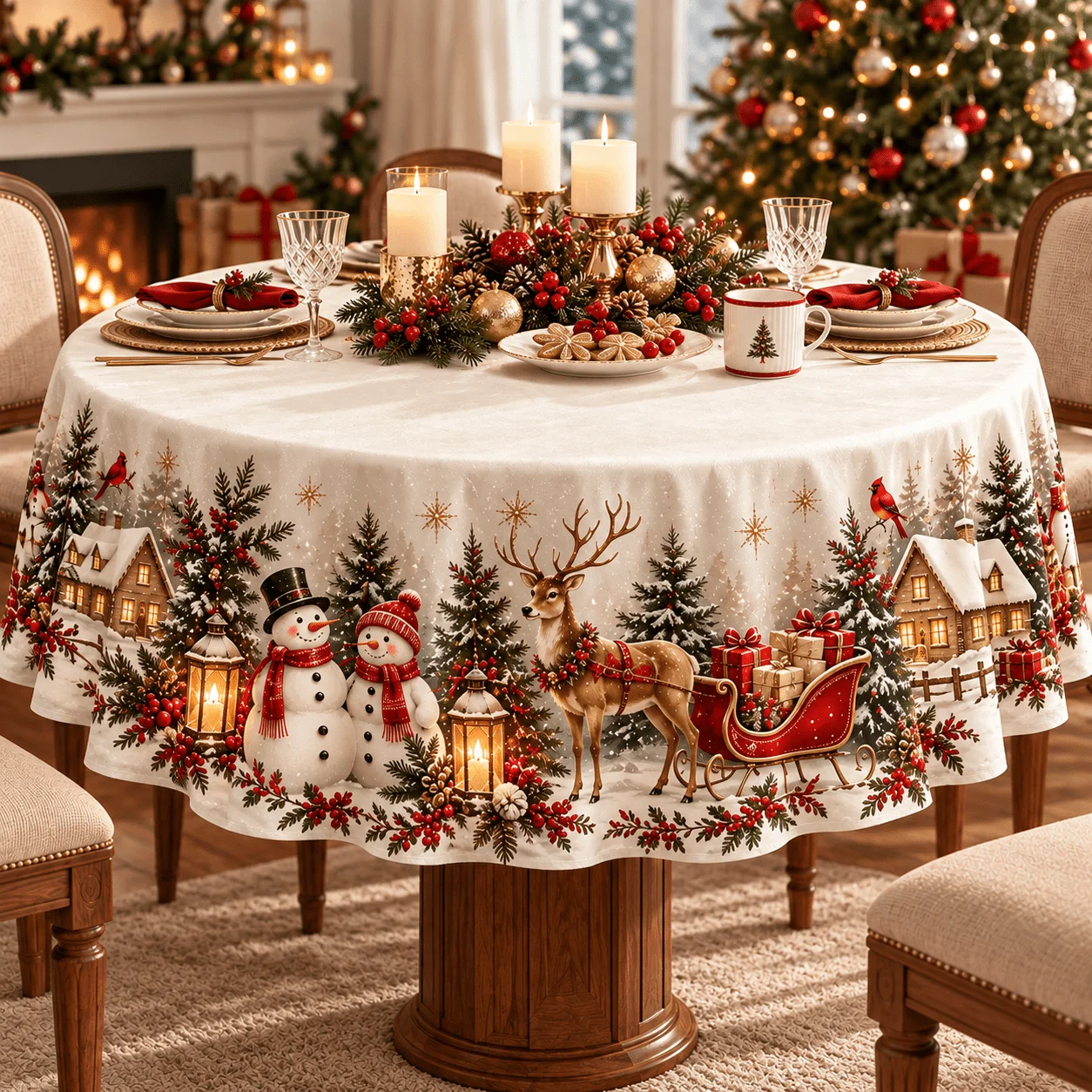 1 round tablecloth, Christmas snowman reindeer sleigh gift printed polyester tablecloth, winter forest snow design