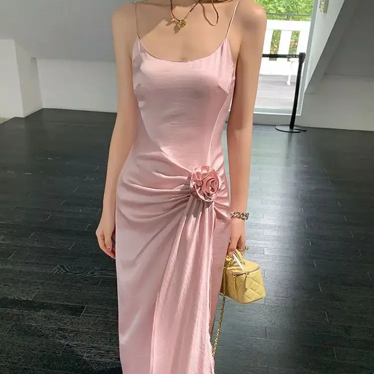 Suspender Dress Slit Satin Rose Flower Ribbon Pleated Design Pink High Quality 2024 Summer New Niche Suspender Long Dress