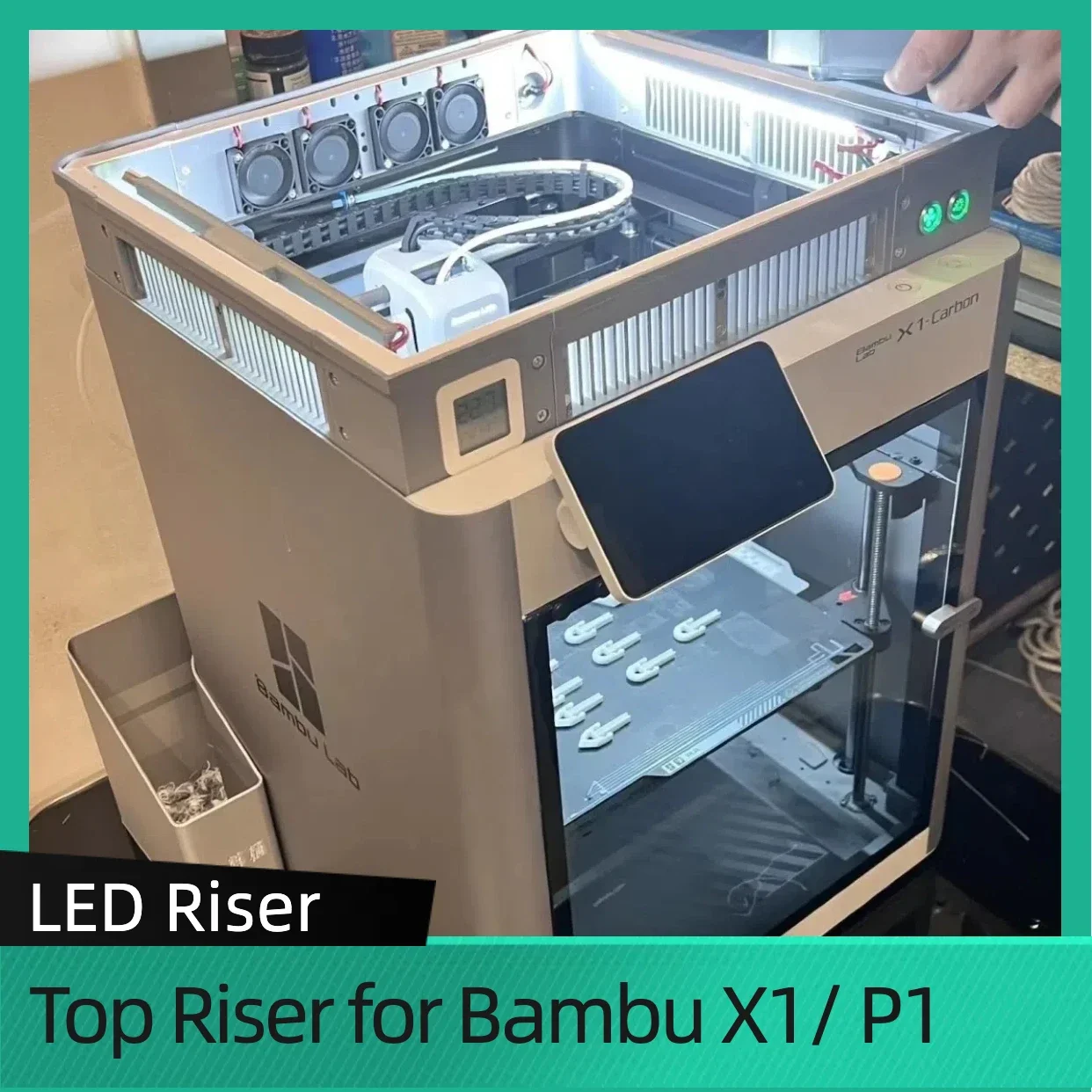 LED Top Riser for BambuLab X1C and P1S with Cooling Sliding Vents Glass Top LED Enclosure Ventilated Grid high-brightness LED