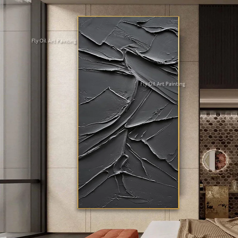 Handmade Dark Gray 3D Relief Textured Wall Art Monochrome Sculpture Oil Painting Luxury Corridor Vertical Wall Hanging Decor