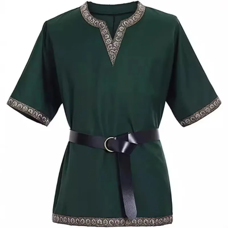 

Средневековая викингская рубашка в стиле Ренессанс, красная, с поясом, V-образным вырезом и короткими рукавами, мужской костюм