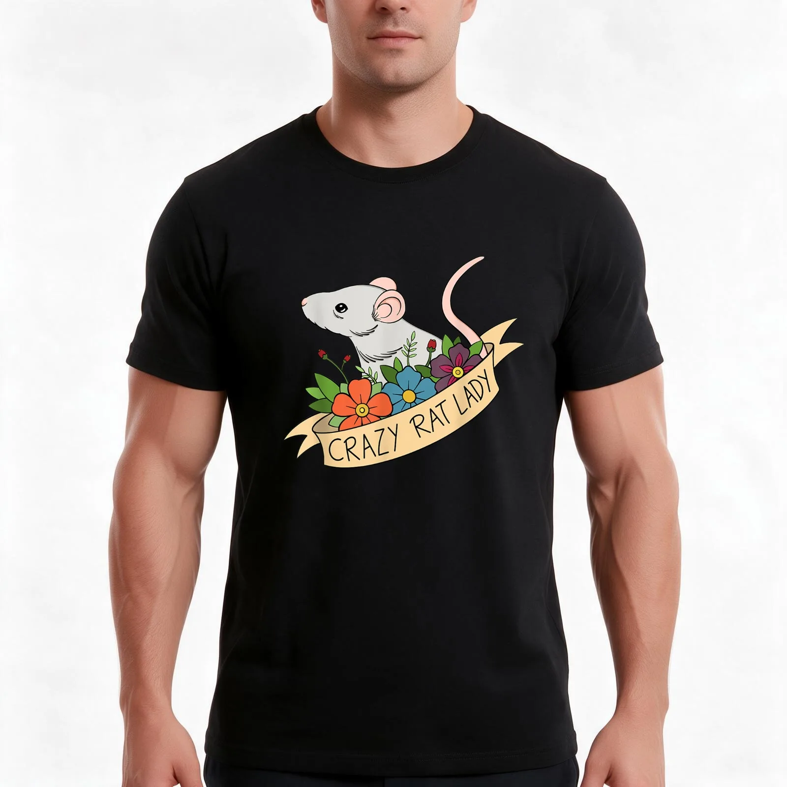 Crazy Rat Lady Design with Flowers Pet Rodent T-Shirt, Summer Casual Cotton Tee, Oversized Streetwear Tops, Unisex Men Women
