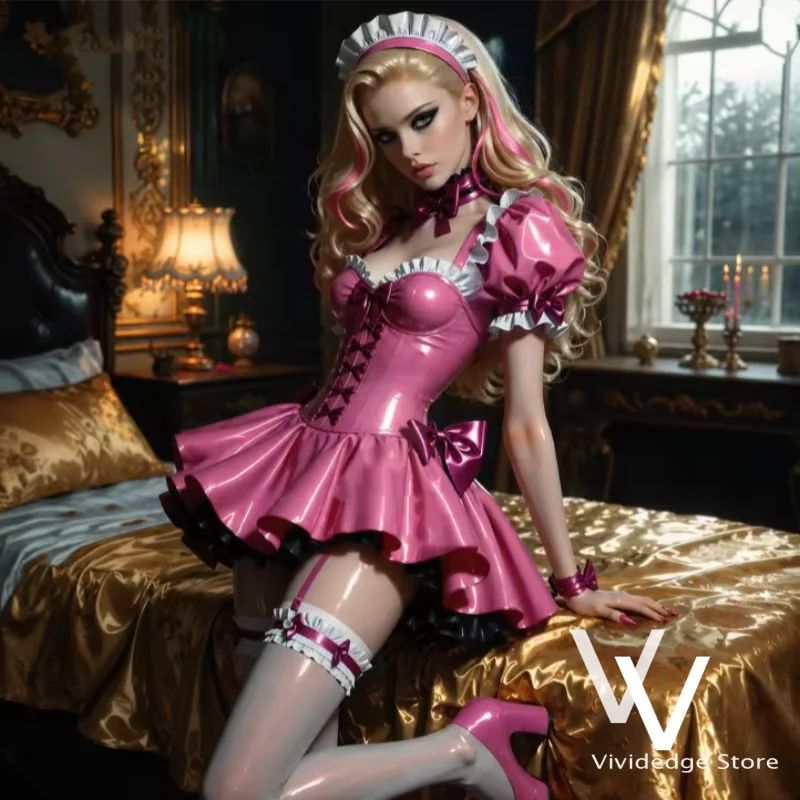 Französisches Dienstmädchen-Abendkleid, rosa, glänzendes Korsett, kurze Ärmel, Rüschen, Mini-Outfit, Kostüm, Cosplay, Partykleid, maßgeschneidert