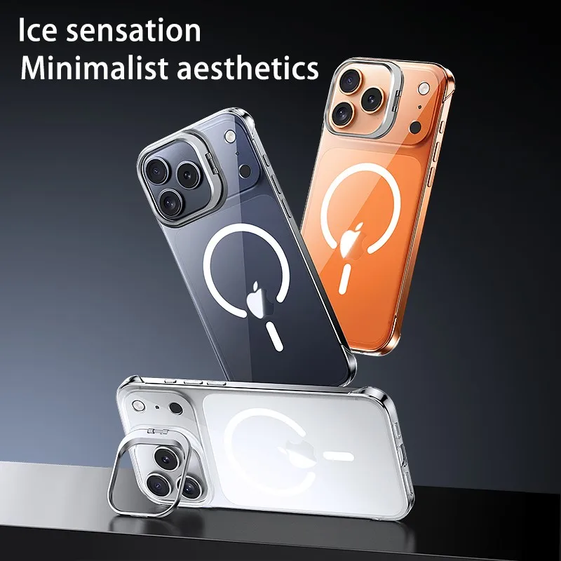 Acrylic Slim Frameless Transparent Case For Magsafe iPhone 17 Air 16 15 14 Pro Max Wireless Charging Lens Metal Stand Cover