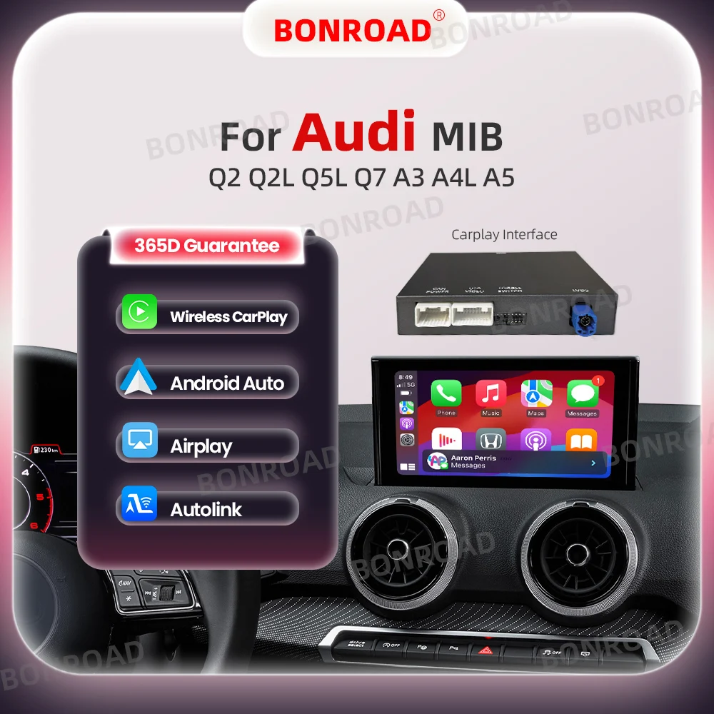 Adattatore Wireless BONROAD CarPlay Android Auto per Audi Q2 Q2L Q5L Q7 A3 A4L A5 MIB Mirror Link AirPlay Bluetooth Navigazione GPS