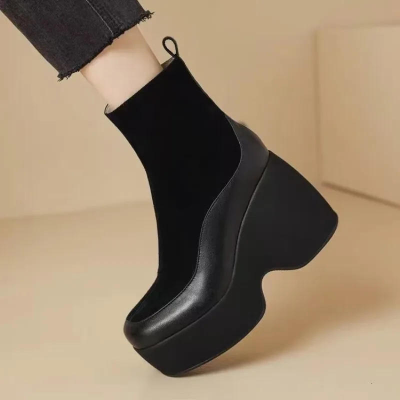 Winter New Thick Heel Cotton Boots Women Fashion Round Head Stitching Suede Side Zipper Thick Sole Non-slip Short Boots
