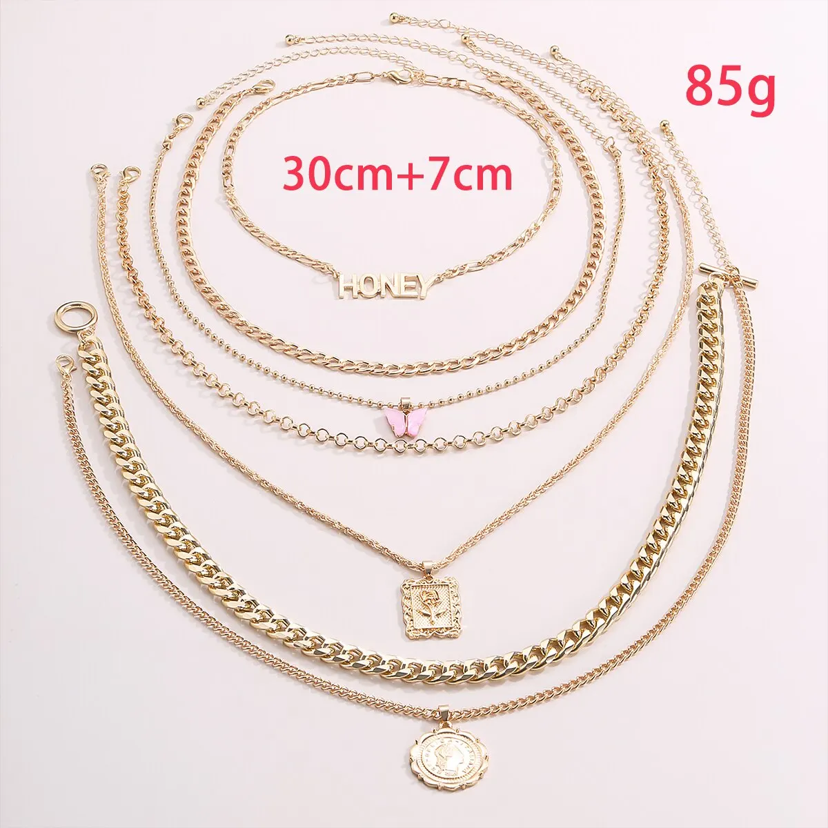 7Pcs/Set Punk Butterfly Coin Rose Flower Pendant Necklace for Women Vintage OT Buckle Honey Chain Grunge Jewelry Steampunk New image 6