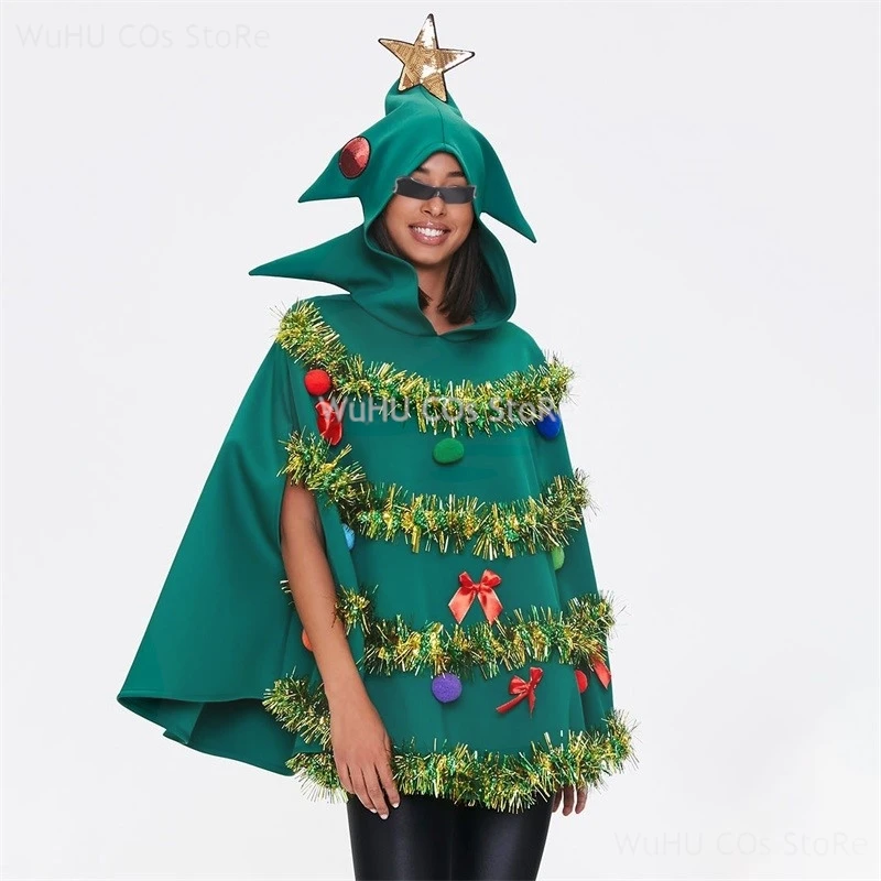 Christmas Tree Poncho Costume Adults Women Men Bow Ball Decor Hooded Cloak Cape Party Prop for Cosplay Party Role-Playing 2024