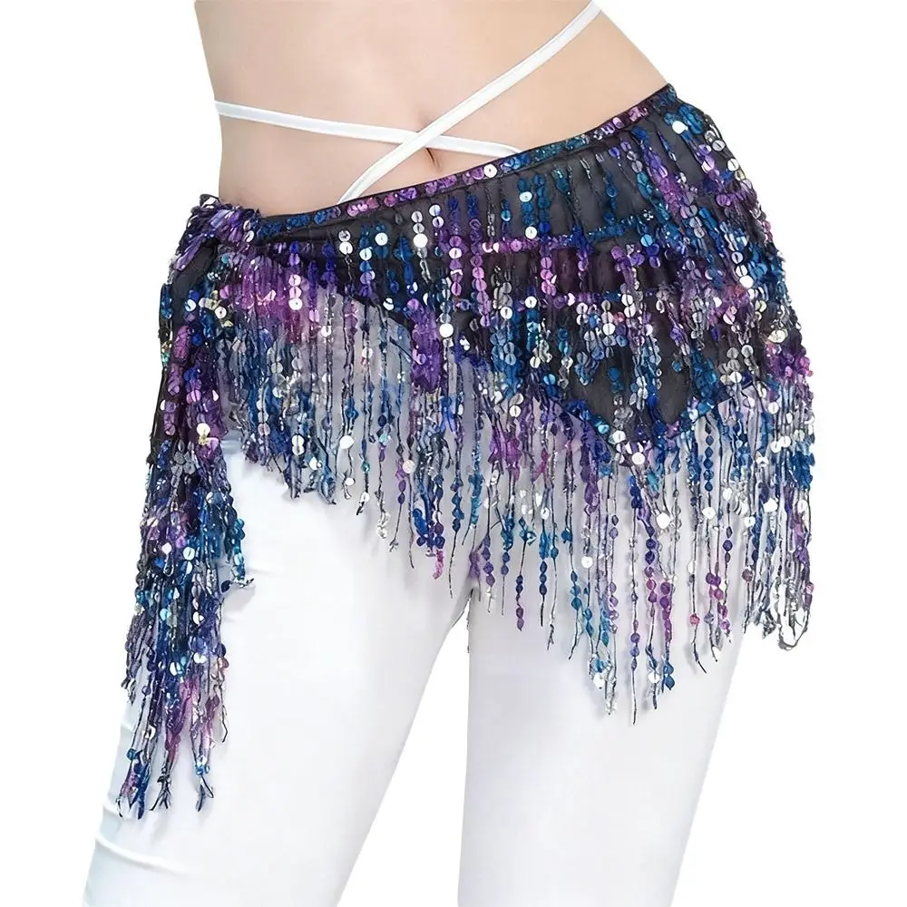 Moda borla dança do ventre hip cachecol lantejoulas boêmio feminino cinto saia dançarina mostrar trajes