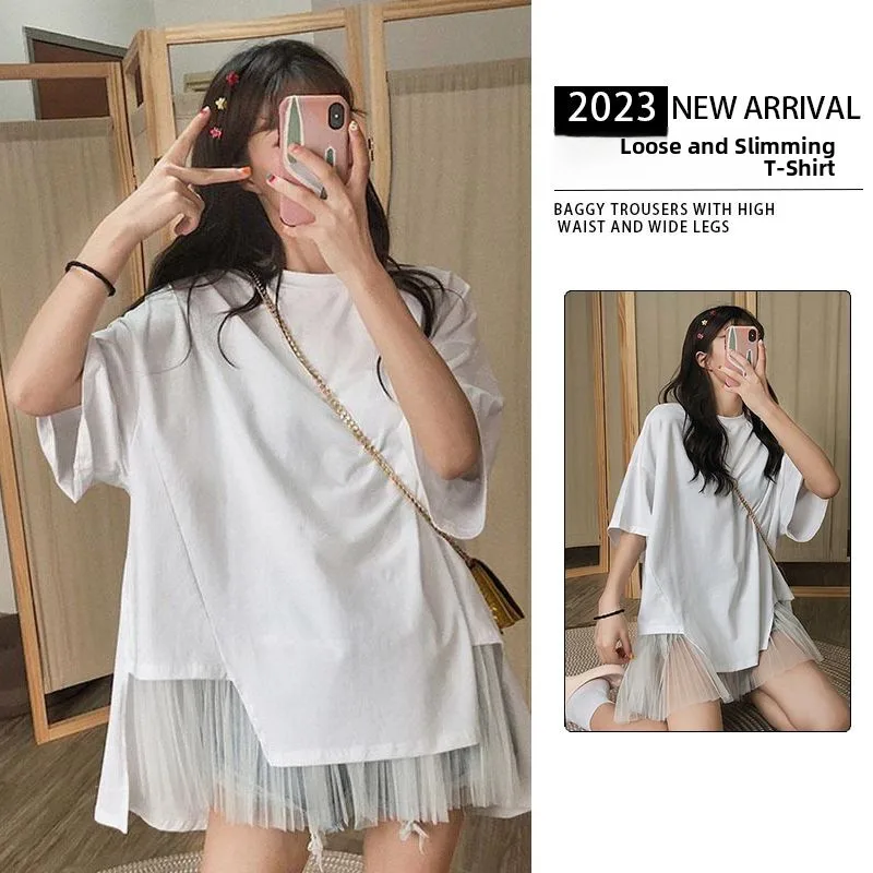 Plus size cseta de manga curta fena verão solto emenda malha topo estilo coreano em torno do pescoço padrão criativo f...