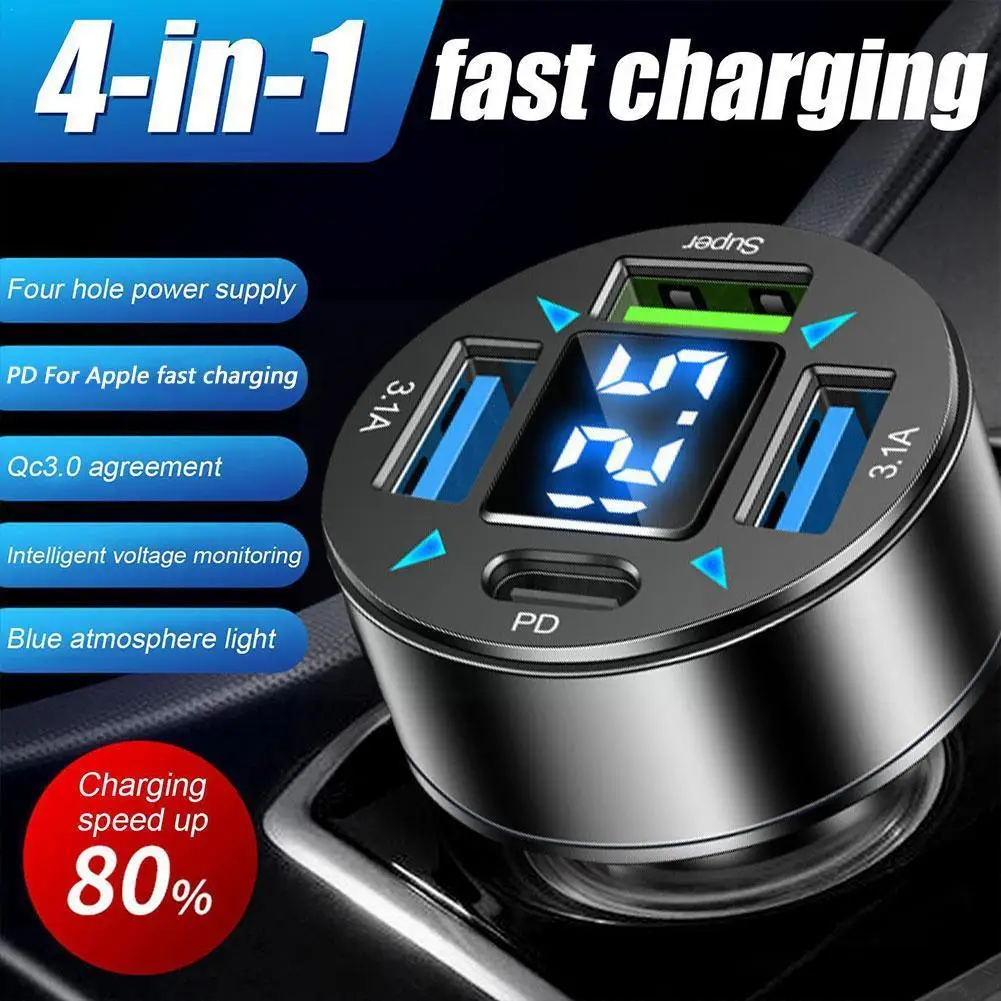 

4 in 1 Car Charger Fast Charging QC3.0 USB PD Phone Interior Portable Charger Adapter Automotive Accessories C9K7