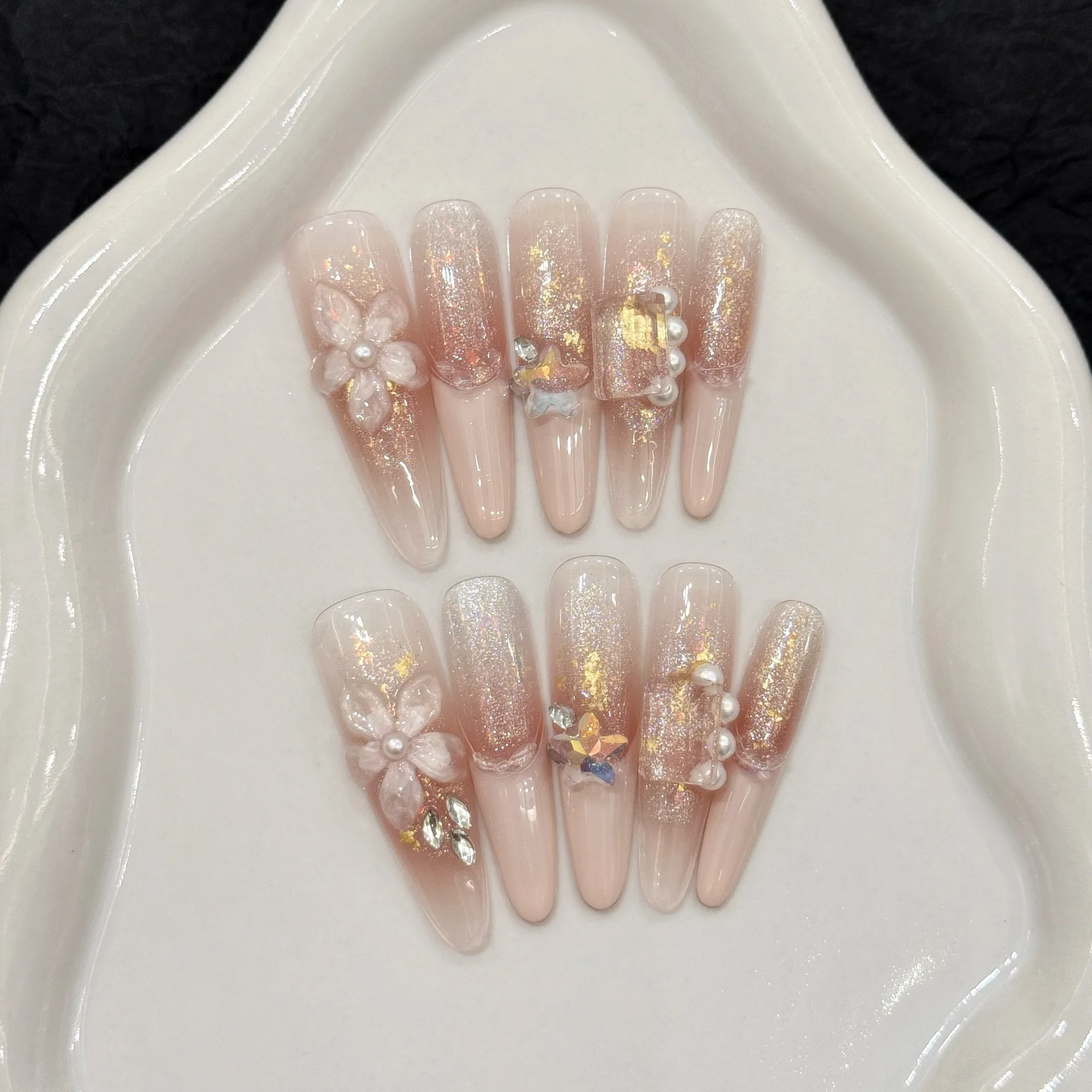 10pcs Pure Hand Pressed Stiletto Nail Art,Nice Fake Nails,Gentle Pink Glitter With Flowers, Pearls And Stars,Ideal For Women