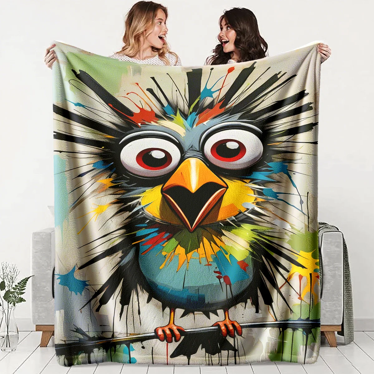 Doodle trend bird art theme Flannel printed blanket suitable for all seasons suitable for living room office sofa and travel