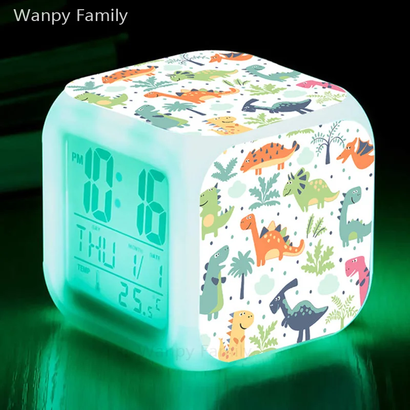 Cute Cartoon Dinosaur Alarm Clock 7Color Changing Touch Sensing Luminous Electronic Watch Kids Room Wake Up Timer Gift For Child