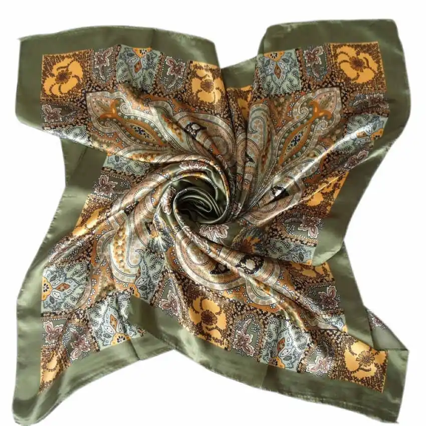 Army Green Women Paisley Design Square Silk Scarf Shawl Women Spring Fall Winter Fashion Brand Elegant Scarves Hijabs 90*90cm