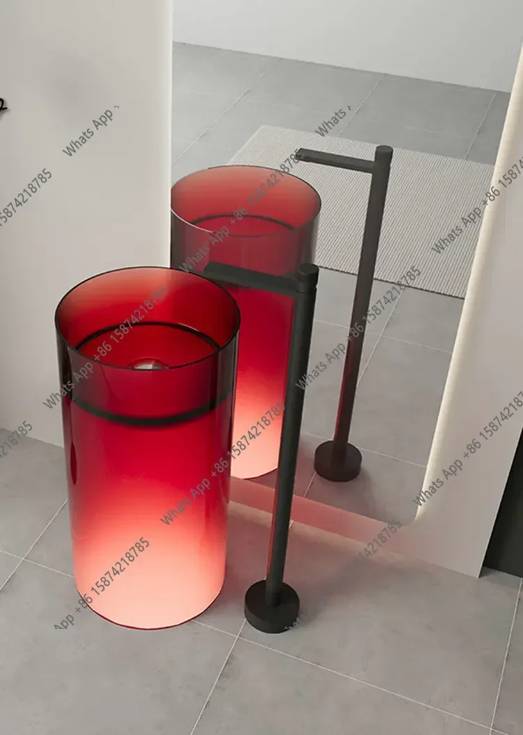 N40  New European Style Transparent Wine Red Resin Column Basin, Modern Simple Floor Standing Style Cylindrical Column Basin