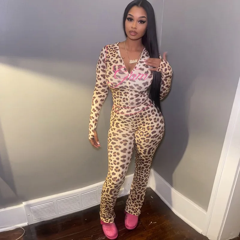 

2025 Autumn Letter Print Leopard 2 Piece Set Women Tracksuits Zipper Long Sleeve Hooded Sweatshirts Top + Flare Pants Suits
