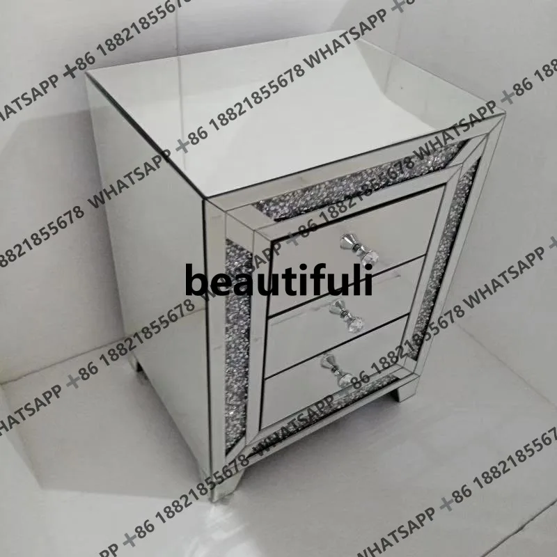 Silver Modern Simple Mirror Glass Rhinestone Crystal Bedside Table