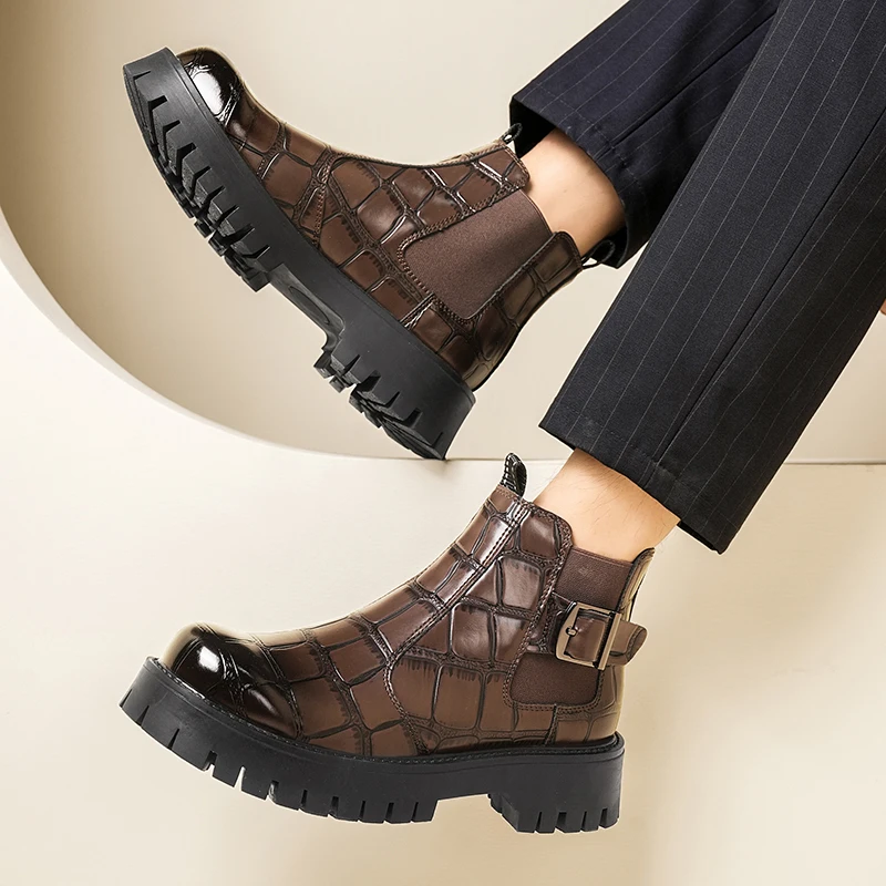 موضة سميكة سوليد الراحة أحذية جلدية غير رسمية فاخرة عالية أعلى الأعمال مكتب التنقل الأحذية جودة الرجال تشيلسي الأحذية #6