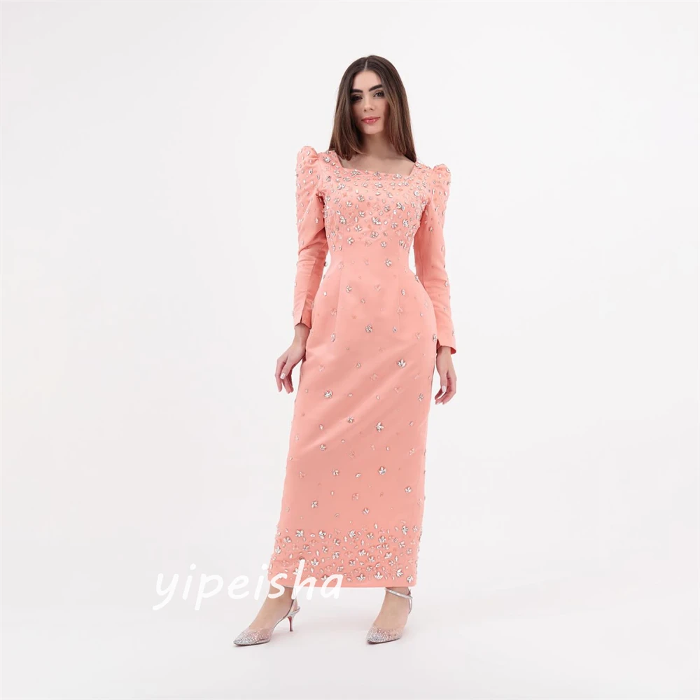 Jiayigong-Robe Mi-Longue en Satin avec Plis de Perles, Zones Froncées, Ligne A, Col Carré, sur Mesure, pour Occasions