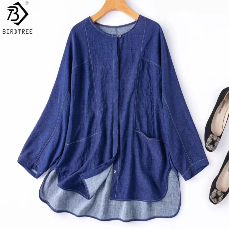 

Birdtree, 76% Silk 24% Nylon Blouse, O-neck Long Sleeve Tops, Women Denim Print Dry Silk Loose shirt, 2026 Spring New T64147JF