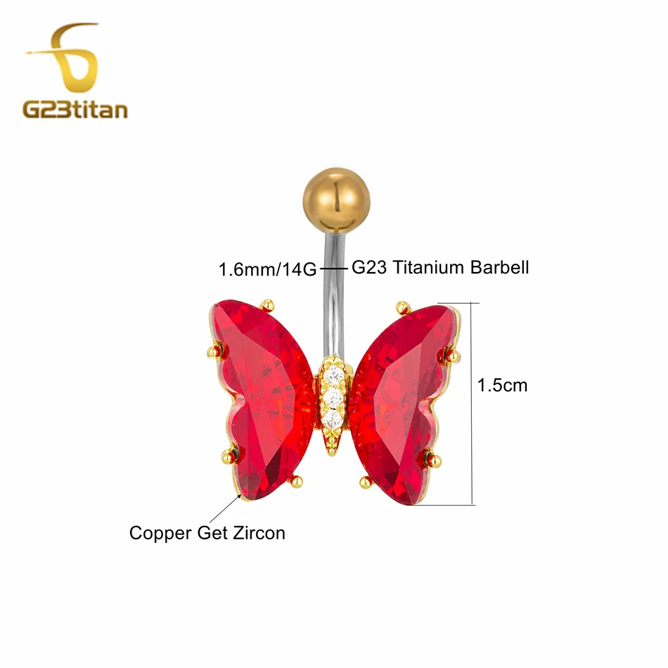 G23titan Women Summer Jewelry Red Crystal Butterfly Navel Ring 14G Titanium Steel Belly Button Bar Body Piercing Sexy Accessory image 6