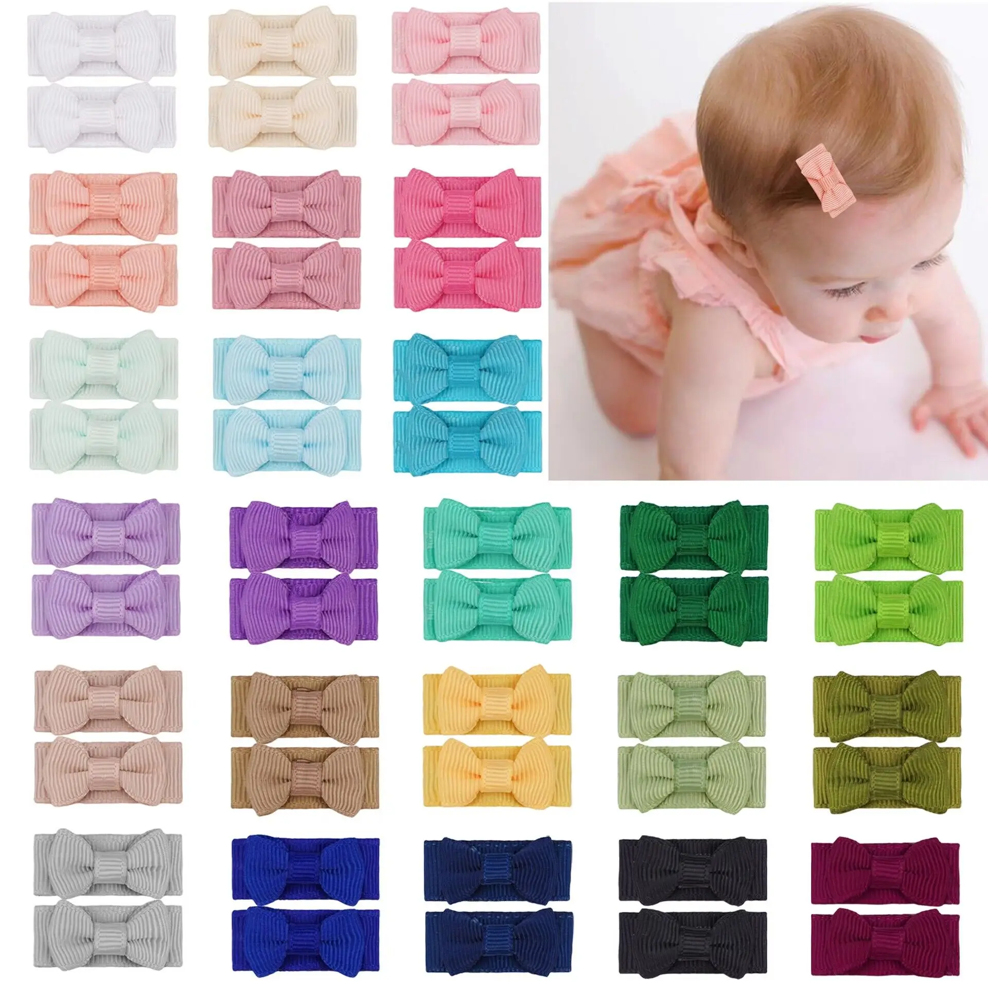 120pc/lot Mini 1.2inch Ribbon Hair Bows Hair Clips For Baby Girls Hair Clips Solid Color Bowknot BB Barrettes Child Kid Hairpins