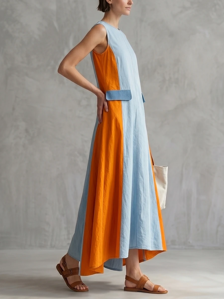 Freeacy Women Sleeveless Color Block Linen Maxi Dress Round Neck Contrast Blue Orange Panel Midi Long Dress With Fake Pockets